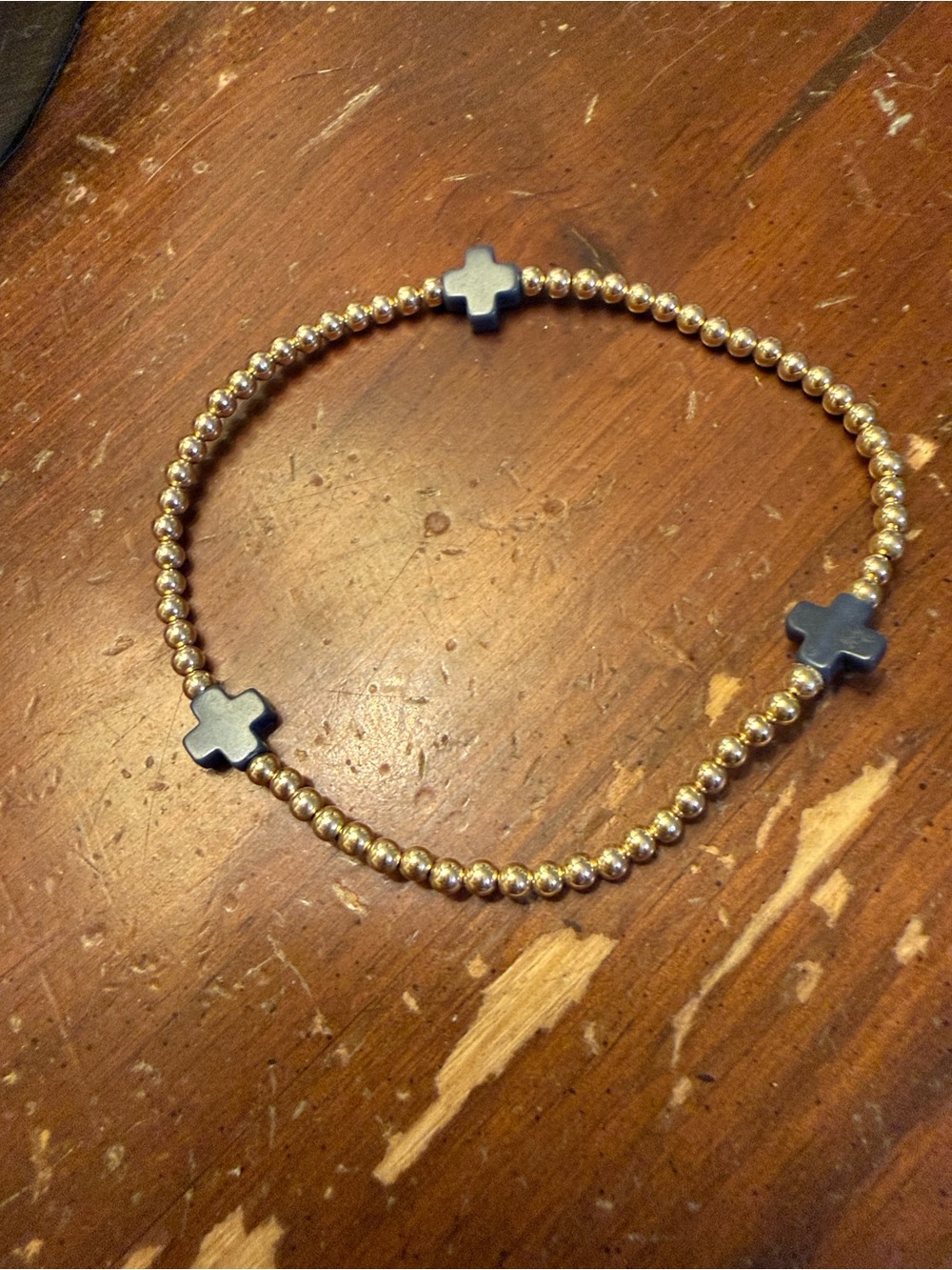 Gold Bead Bracelet with Navy Cross Accents - Elegant Stretch Bracelet - Picture 6 of 6